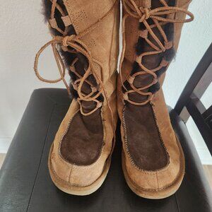 100% Authentic Multicolored Brown Suede Knee Hi Lace Up Ugg Boots Size 8 US